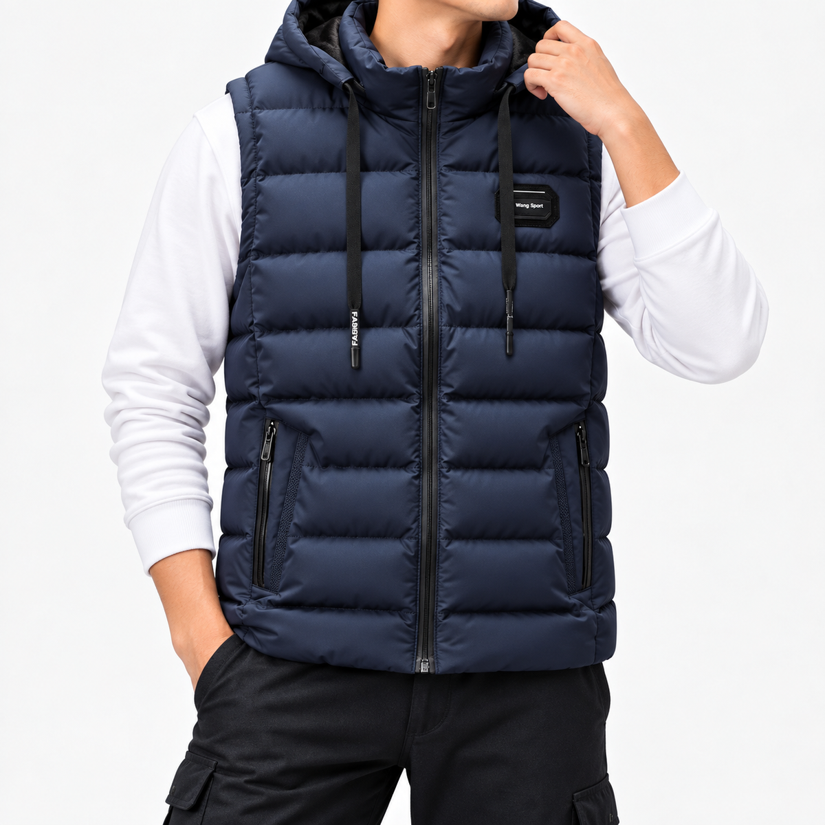 Man wearing a navy blue hooded puffer vest with black zippers and side pockets over a white long-sleeve shirt.