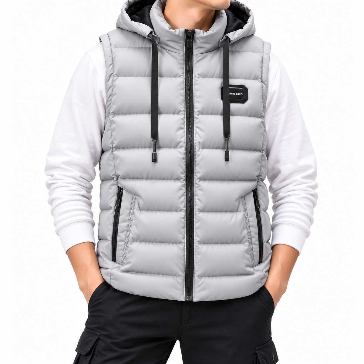 Man wearing a light gray hooded puffer vest with black zippers, black drawstrings, and zippered pockets over a white long-sleeve shirt.