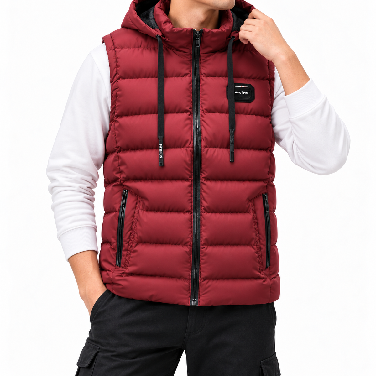 Man wearing a dark red puffer vest with a black zipper, hood, and drawstring, over a white long-sleeve shirt.