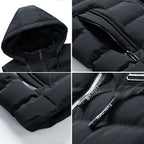 Close-up four-panel view of a black quilted hooded vest showing the hood, zipper pocket, and adjustable hem drawstrings.