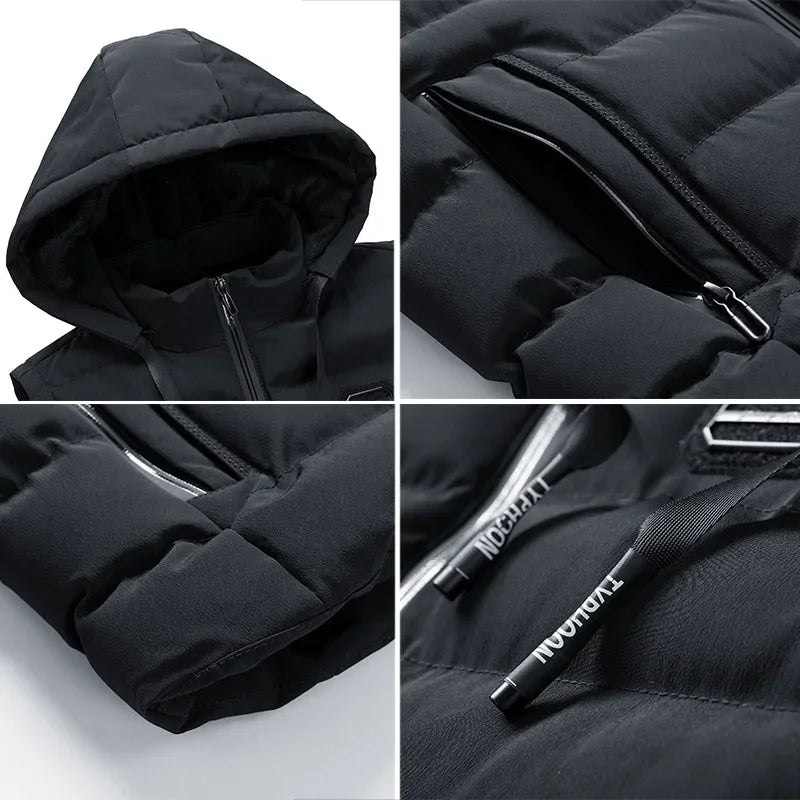 Close-up four-panel view of a black quilted hooded vest showing the hood, zipper pocket, and adjustable hem drawstrings.