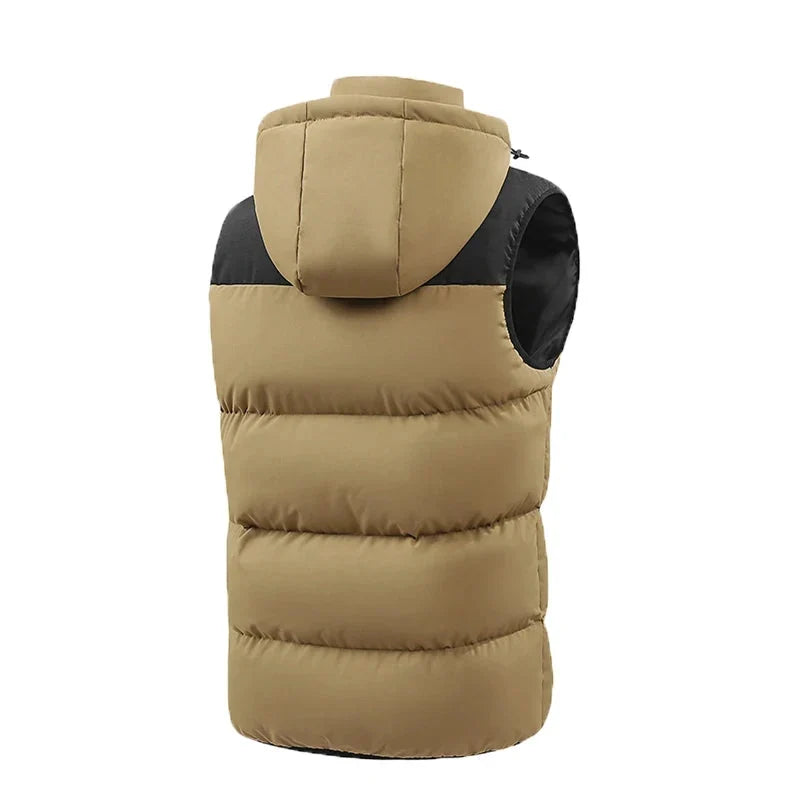 Back view of a tan puffer vest with a black hood and armholes, featuring horizontal quilted insulation.