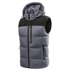 Two-tone grey and black puffer vest with a detachable hood, front zipper, and multiple zip pockets on a white background.