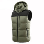 Olive green and black hooded puffer vest with black zippers, chest pocket, and two side pockets, front view.