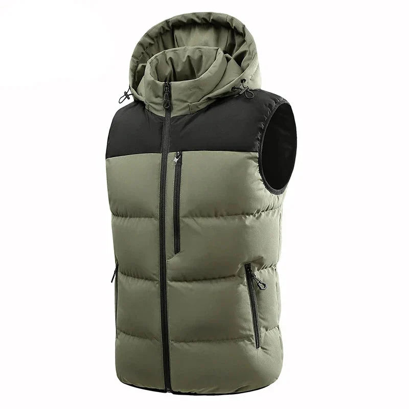 Olive green and black hooded puffer vest with black zippers, chest pocket, and two side pockets, front view.