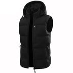 Black insulated puffer vest featuring a cozy hood, zippered chest pocket, and two zippered hand pockets on a white background.
