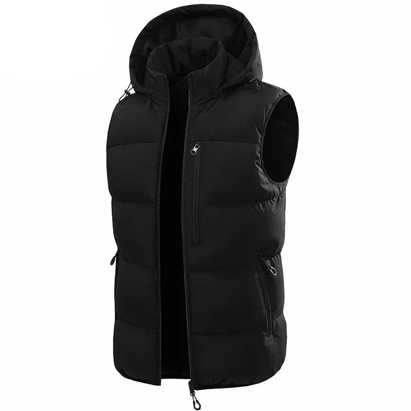 Black insulated puffer vest featuring a cozy hood, zippered chest pocket, and two zippered hand pockets on a white background.
