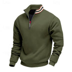 Olive green quarter-zip sweatshirt with a black zipper, ribbed collar featuring red, white, and black stripes.