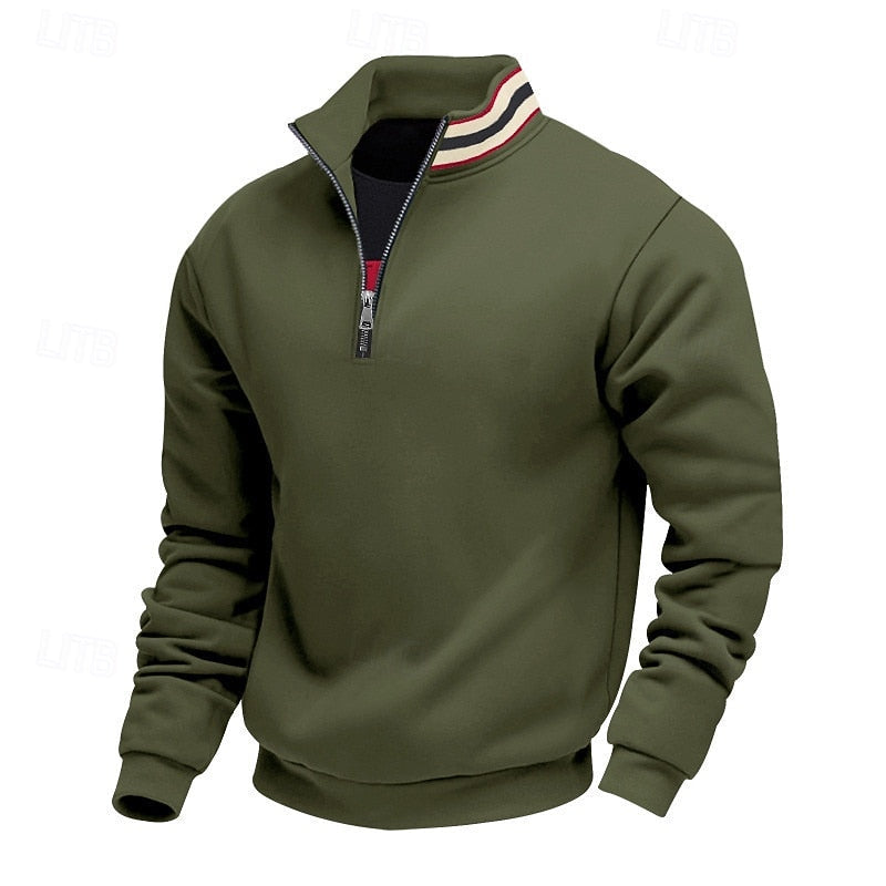 Olive green quarter-zip sweatshirt with a black zipper, ribbed collar featuring red, white, and black stripes.