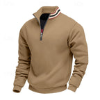 Tan quarter-zip sweatshirt with a stand-up striped collar, black and red lining, and a partially open silver zipper.