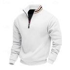 White quarter-zip sweatshirt with a black zipper and a ribbed stand collar featuring black, beige, and red stripes.