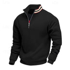 Black quarter-zip sweatshirt with a silver zipper and a striped collar featuring red, white, and cream bands.