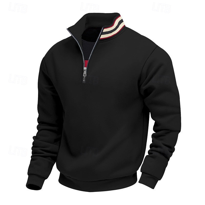 Black quarter-zip sweatshirt with a silver zipper and a striped collar featuring red, white, and cream bands.
