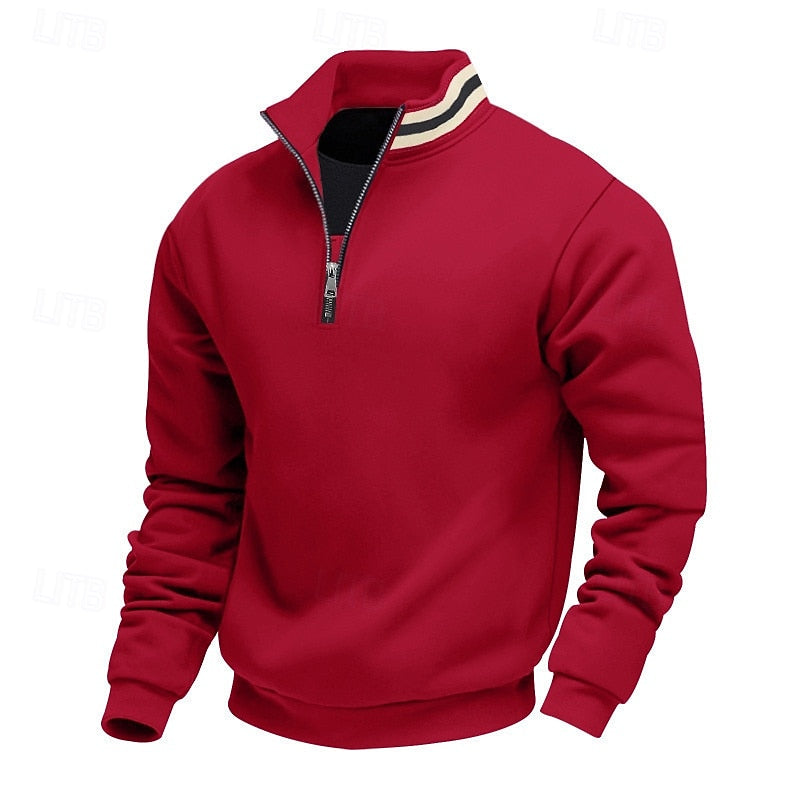 Red quarter-zip sweatshirt with a standing striped collar, silver zipper, and ribbed cuffs and hem, angled on a white background.