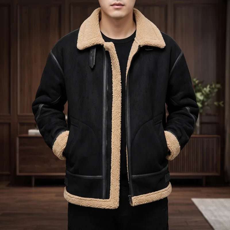 Black suede jackets in a dark wood interior
