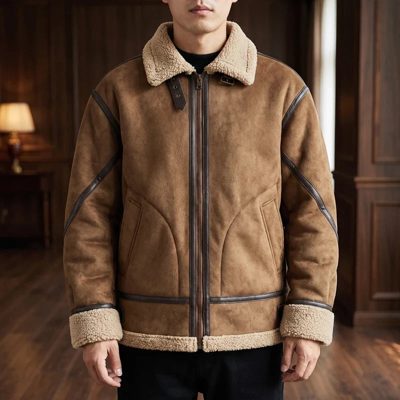 Khaki suede jackets in a dark wood interior