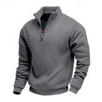 Dark grey heathered sweatshirt featuring a stand-up collar and a visible silver quarter-zip closure with a black pull.