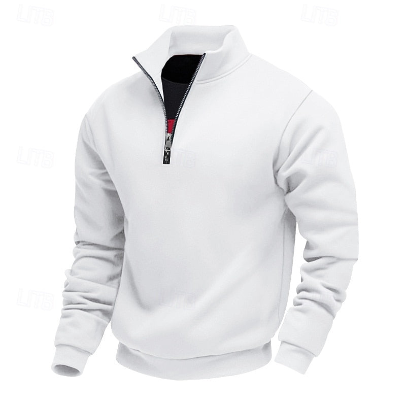 White quarter-zip sweatshirt with a high collar, black zipper, and dark lining, presented on a white background.