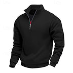 Black quarter-zip sweatshirt with a stand-up collar, partially unzipped silver zipper, and visible red fabric underneath.