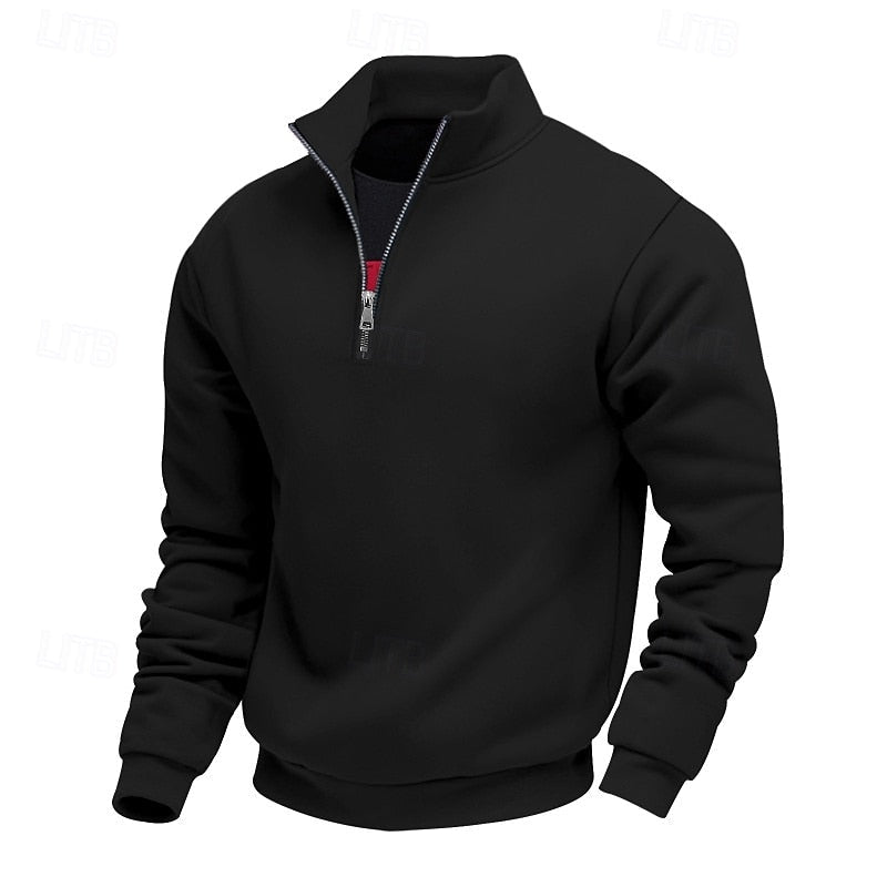 Black quarter-zip sweatshirt with a stand-up collar, partially unzipped silver zipper, and visible red fabric underneath.