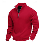 Front view of a plain red quarter-zip sweatshirt with a stand collar and a silver metal zipper, isolated on white.