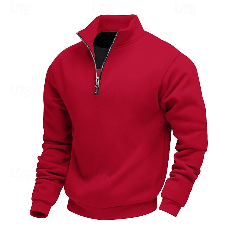 Front view of a plain red quarter-zip sweatshirt with a stand collar and a silver metal zipper, isolated on white.