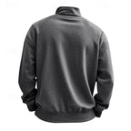 Back view of a dark heather grey quarter-zip sweatshirt with a high collar, ribbed cuffs, and hem.