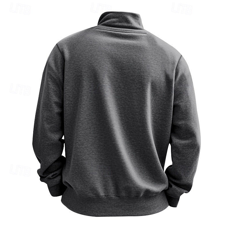 Back view of a dark heather grey quarter-zip sweatshirt with a high collar, ribbed cuffs, and hem.