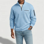 Man wearing a light blue textured quarter-zip pullover with black zippers and a small chest pocket, paired with light wash jeans.