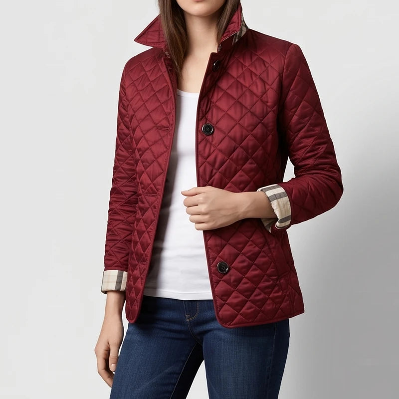 Red jacket on an off-gray studio background - 2