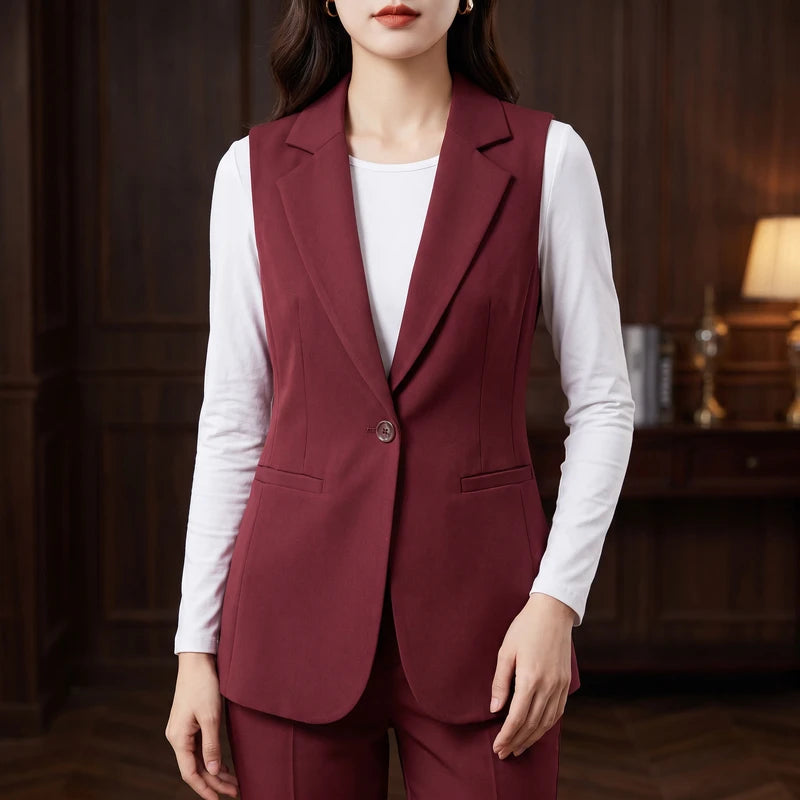 wine red suit on an off-gray studio background