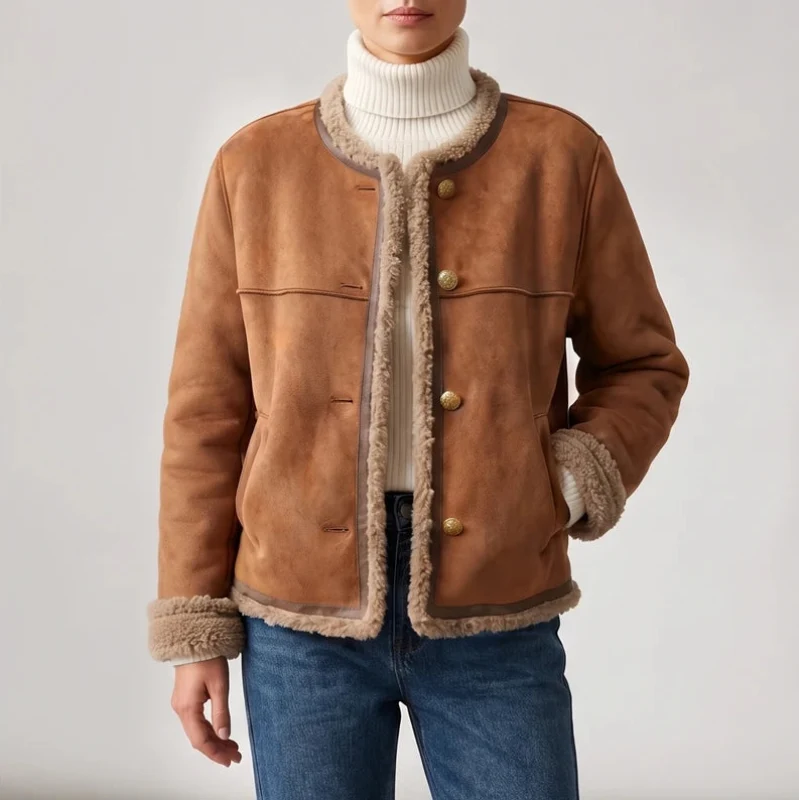 Woman wearing a collarless light brown suede jacket with natural shearling trim, gold buttons, and blue jeans.