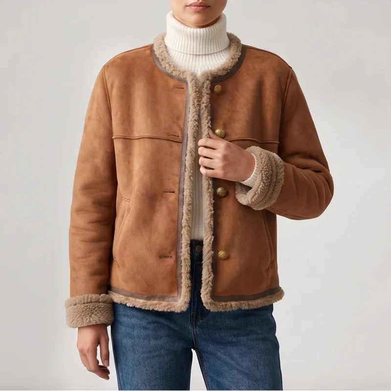 Woman wearing a tan suede jacket with creamy shearling trim, gold buttons, and a white turtleneck over blue jeans.