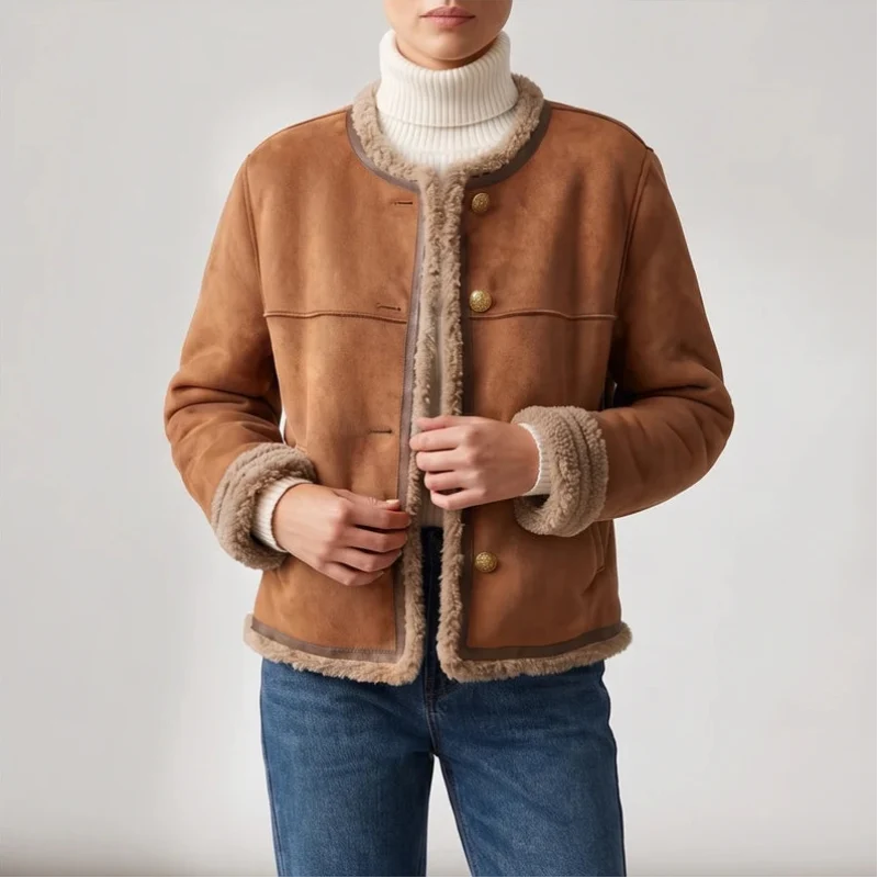 Woman wearing a collarless brown jacket with exposed shearling trim, gold buttons, and a white turtleneck over blue jeans.