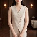 Apricot suit in a dark wood interior