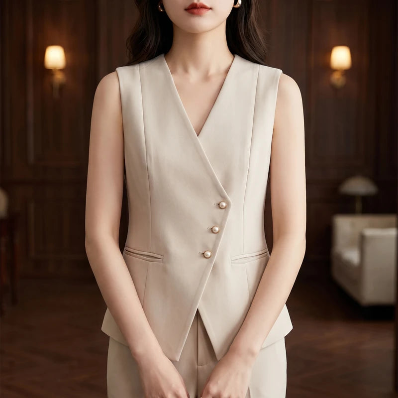 Apricot suit in a dark wood interior