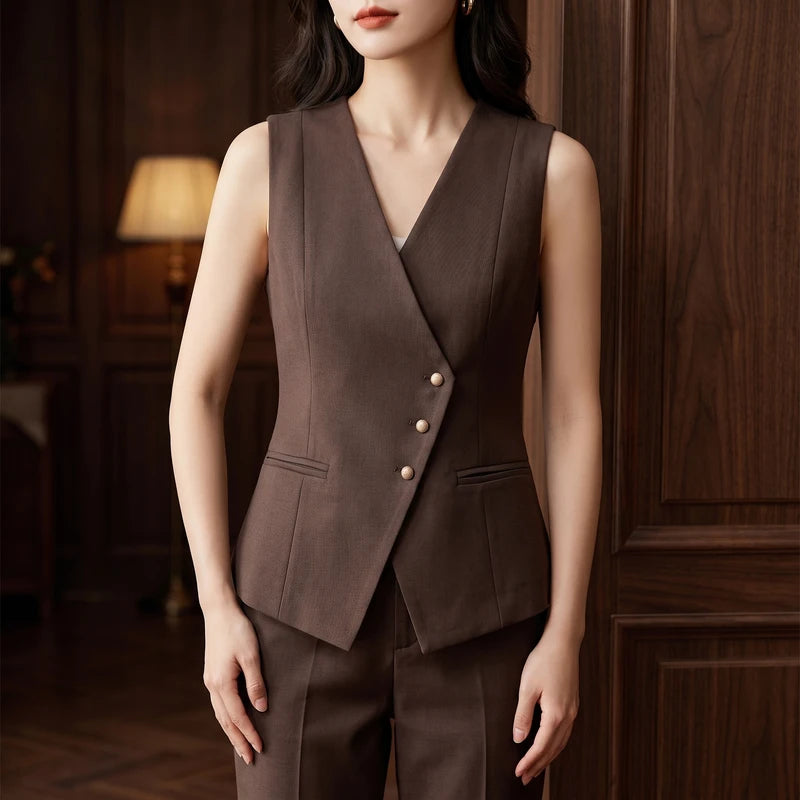 Coffee Color suit in a dark wood interior