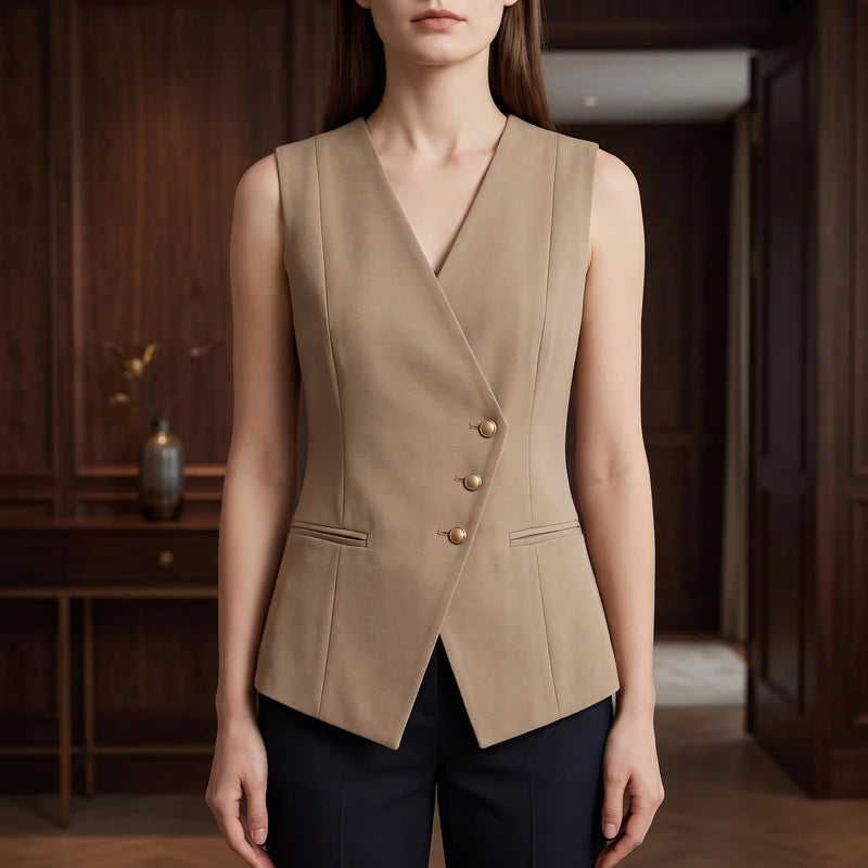 Khaki suit on an off-gray studio background