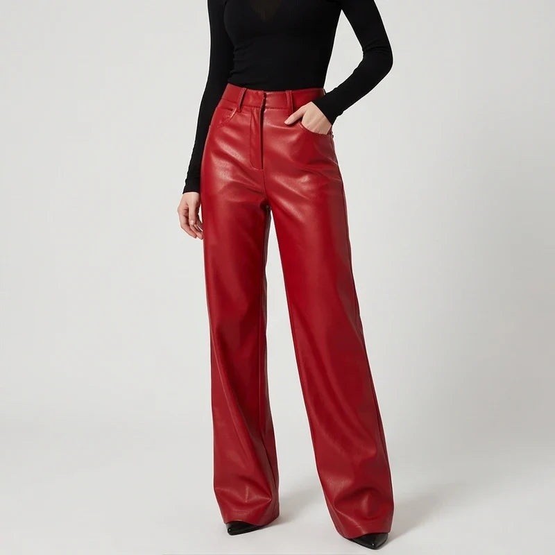 Red leather pants on an off-gray studio background - 2