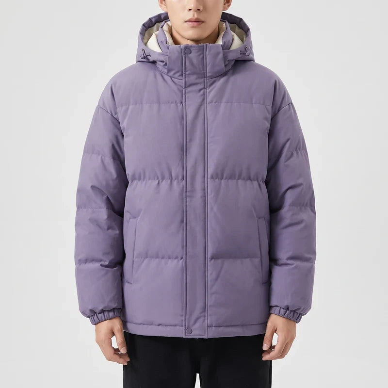 Purple cotton jackets in a dark wood interior
