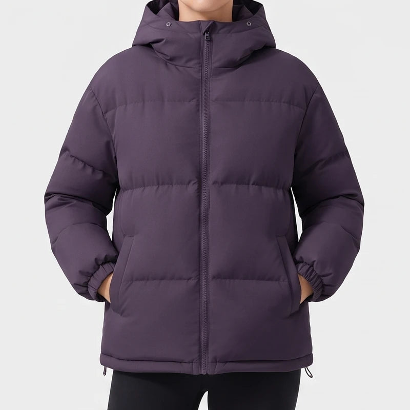 Purple jacket on an off-gray studio background