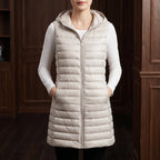 Beige vest in a dark wood interior