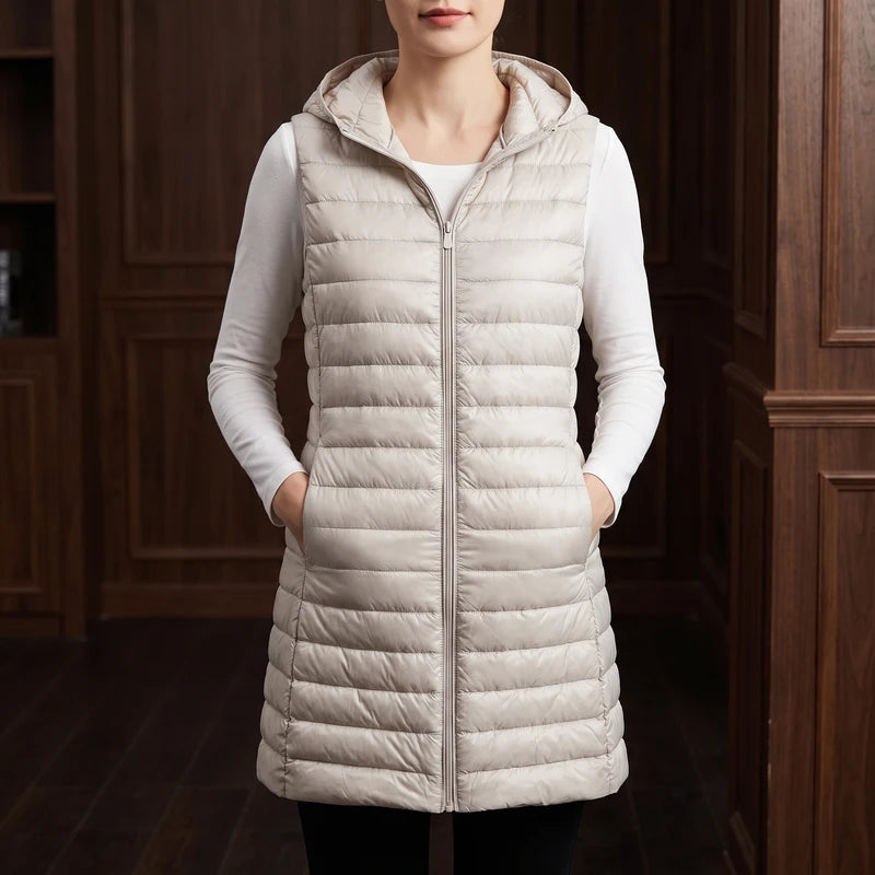 Beige vest in a dark wood interior