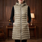 Khaki vest in a dark wood interior