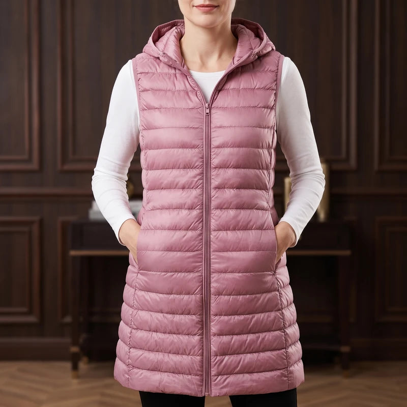 Pink vest in a dark wood interior
