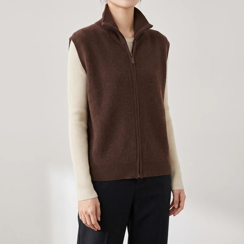 Coffee color wool vest on an off-gray studio background