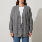 Woman wearing an open, oversized grey chunky knit cardigan with a ribbed texture, front buttons, and two large pockets.