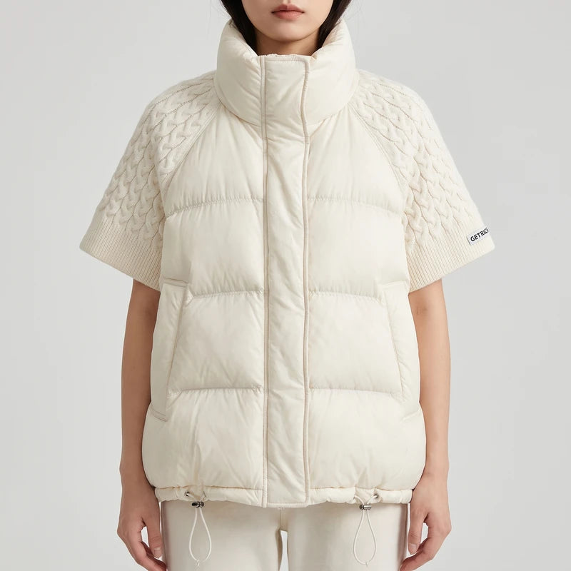 Model wearing 233beige cotton vest in a studio