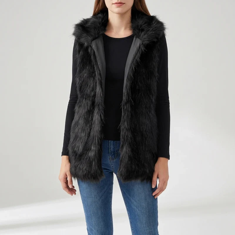 Woman wearing a black hooded faux fur vest over a black long-sleeve shirt and blue jeans, standing against a white background.