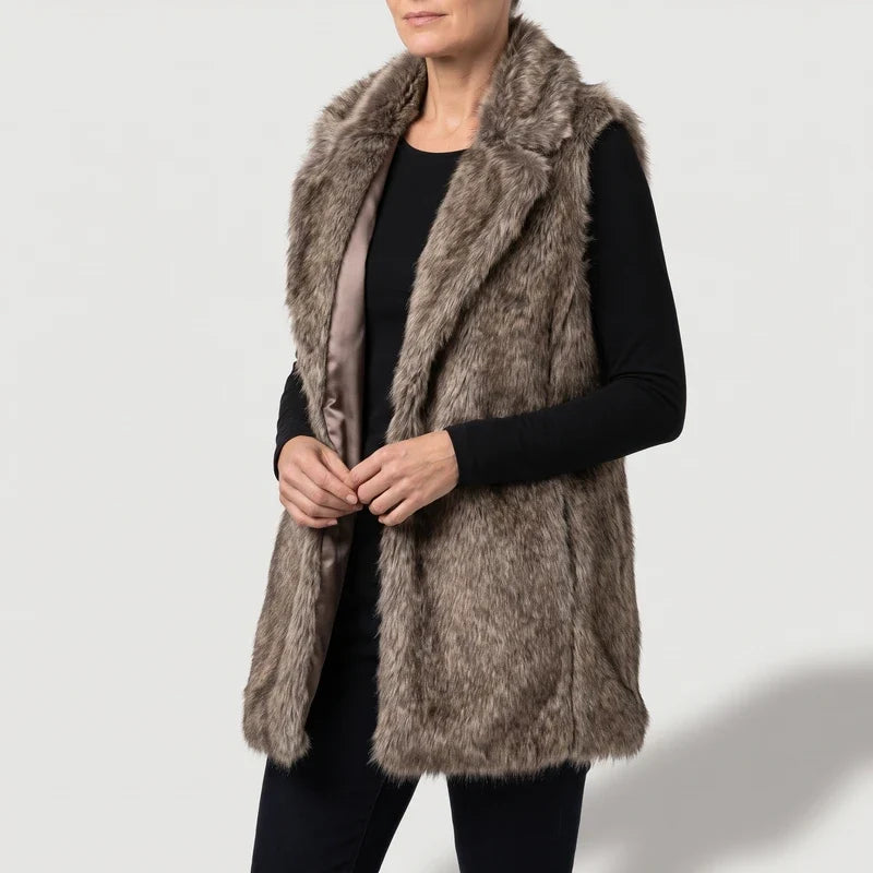 Woman wearing a long, mottled brown and grey faux fur vest with wide lapels over a black long-sleeved shirt.